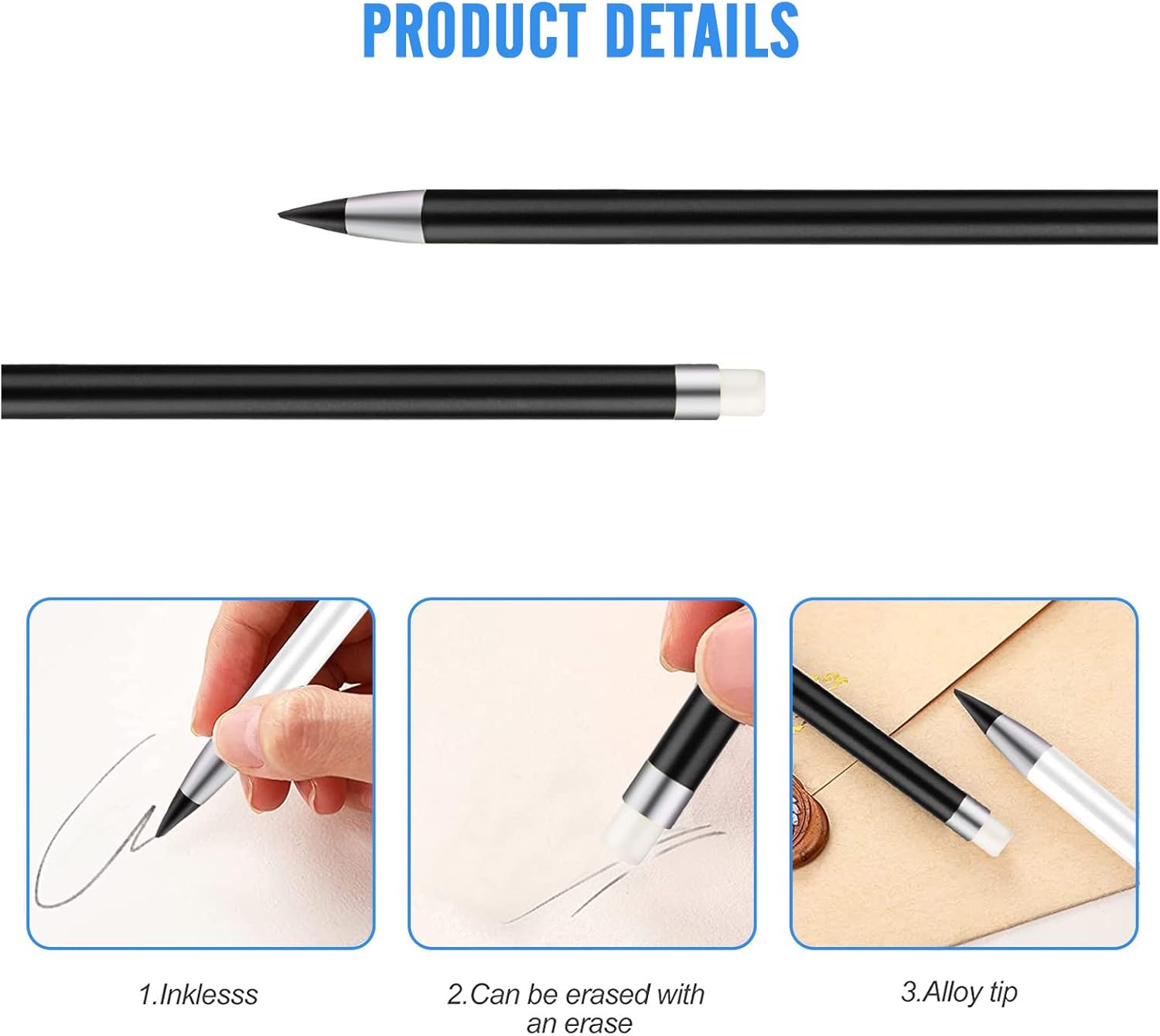 Runmeihe® 6 Perpetual Pencil with Eraser Unlimited Writing Inkless Pencils for Children Adults Students Artist Drawing Home Office School Supplies – Bild 4