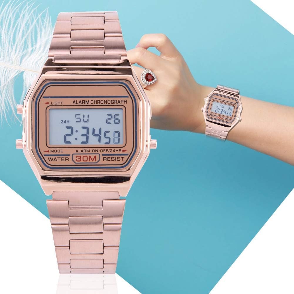 Tbest Old Digital Watch, Vintage Pink, B640Wc, Ceas Women's Digital Watch Digital LED Back Light Electronic Stainless Steel Strap Watch Rec Wristwatch Rose Gold – Bild 3