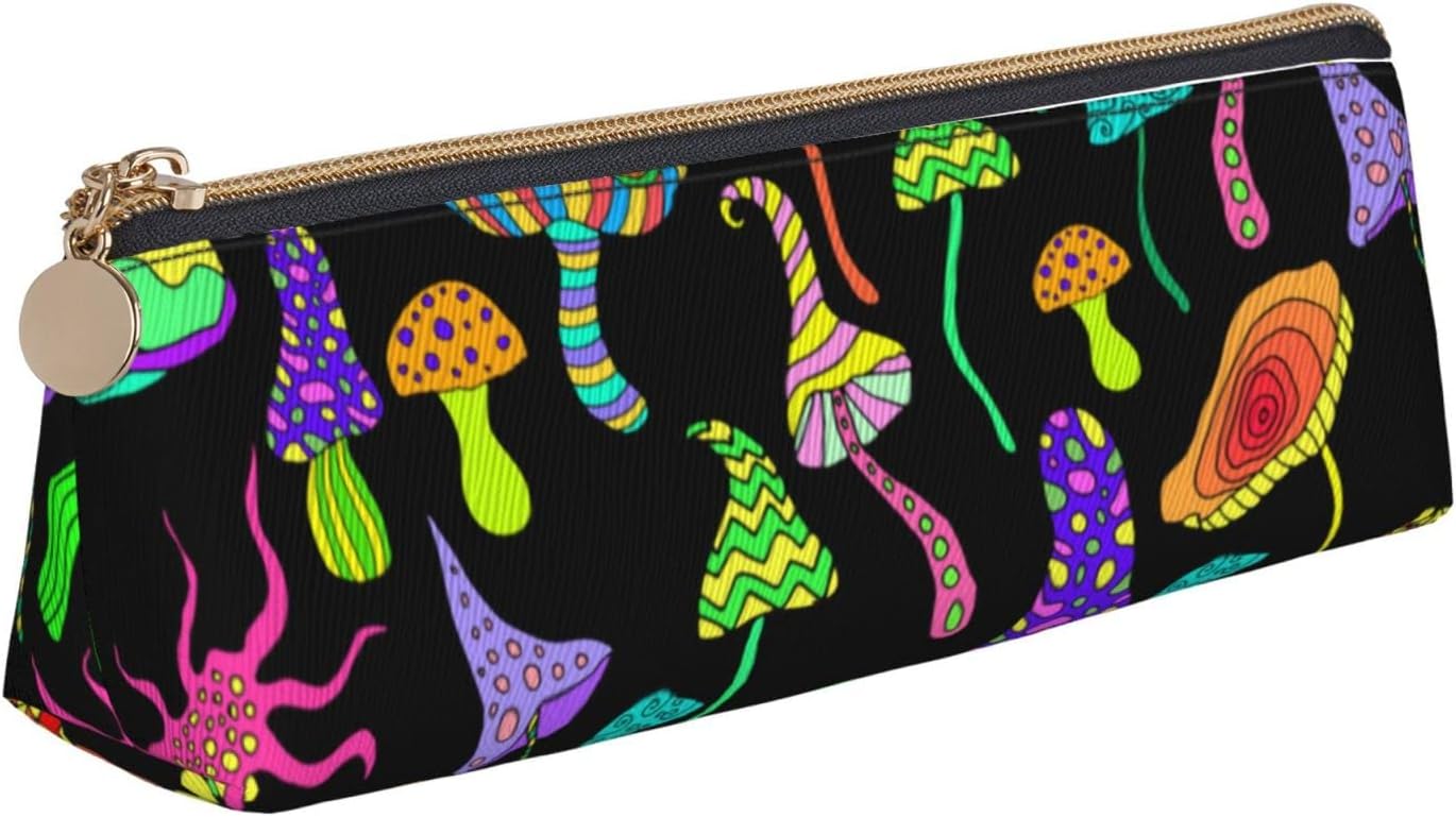 Federmäppchen mit süßem Trippy-Pilz-Druck, dreieckiges Stiftetui, tragbares Federmäppchen, Leder-Organizer mit Reißverschluss, Kosmetiktasche