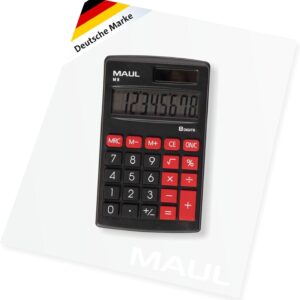 MAUL Calculator M8, Calculator with Large 8-Digit Display, Standard Functions for Office, School, Function Keys, Colourful, Solar Calculator with Battery Use in the Dark, Black