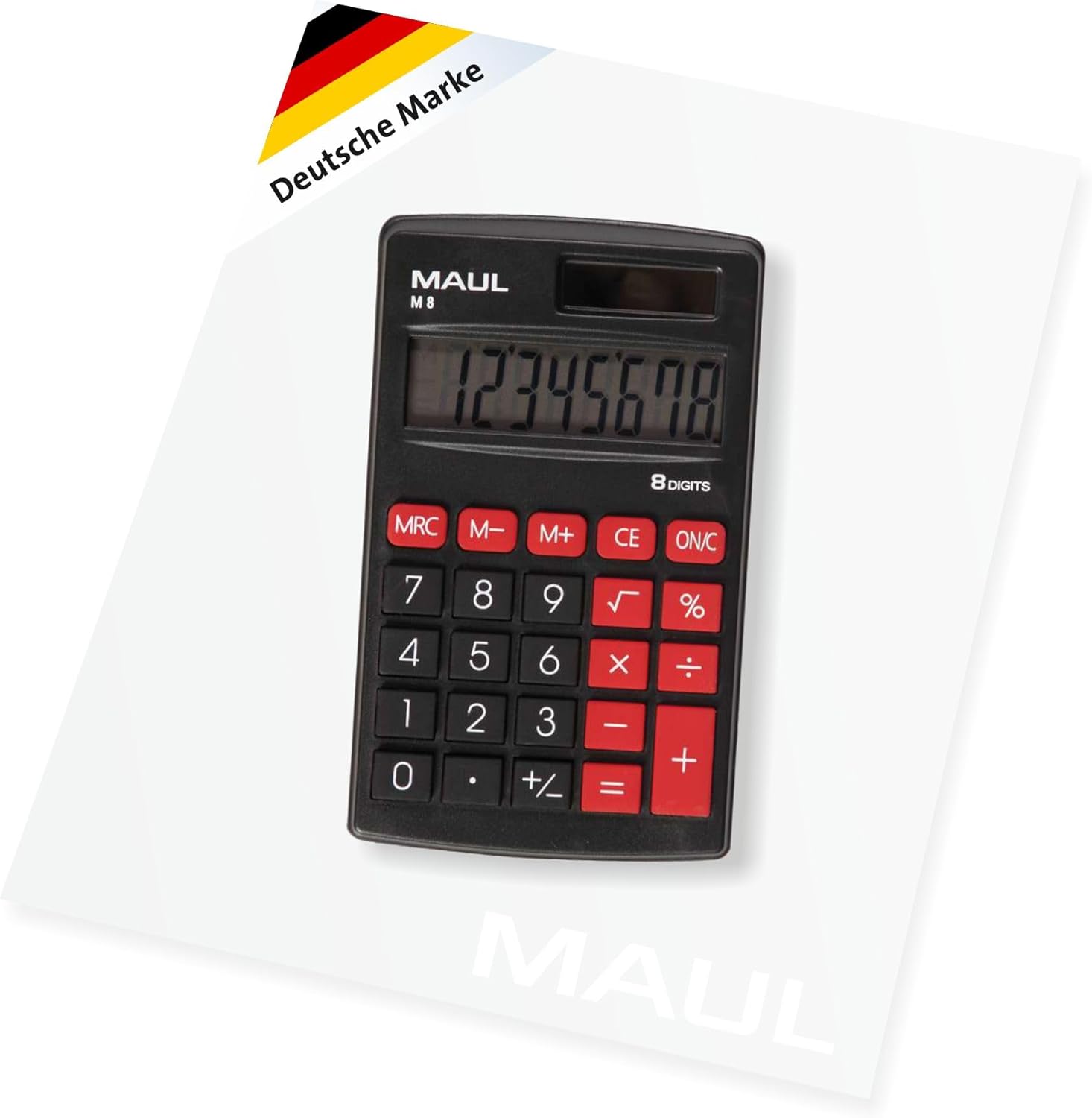 MAUL Calculator M8, Calculator with Large 8-Digit Display, Standard Functions for Office, School, Function Keys, Colourful, Solar Calculator with Battery Use in the Dark, Black