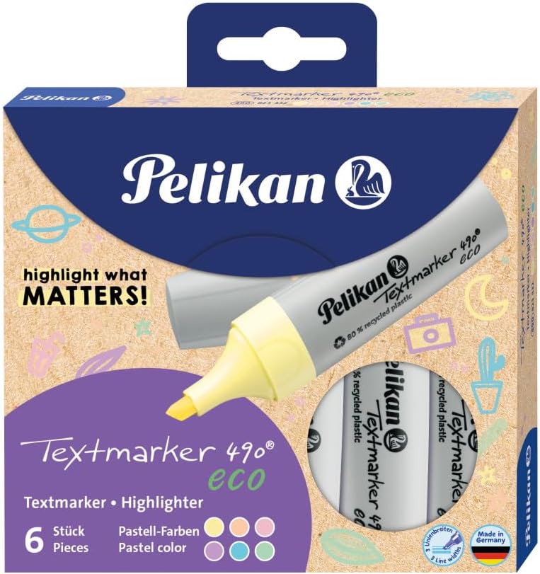 Pelikan Highlighter 490 eco Pastel Assorted Colours, Pack of 6 in Case
