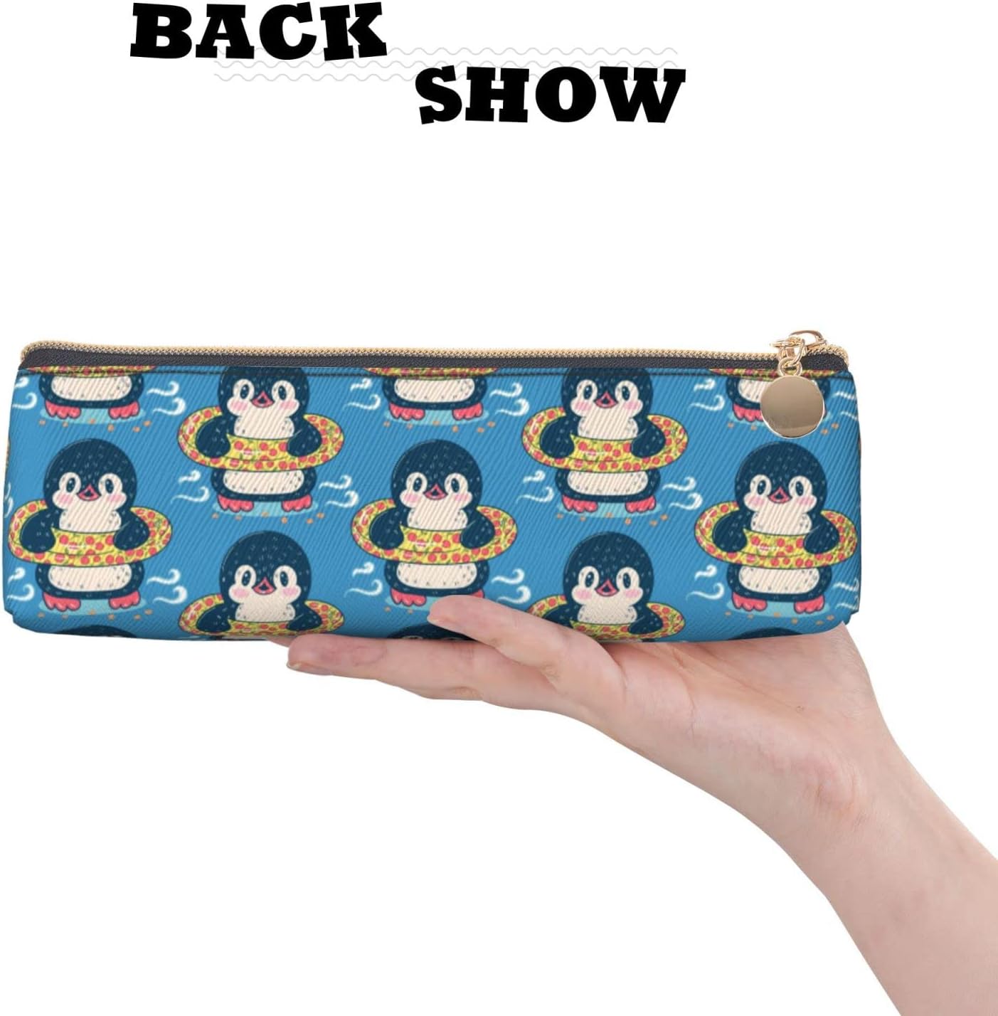 Federmäppchen mit schwimmendem Pinguin-Muster, dreieckiges Stiftetui, tragbares Federmäppchen, Leder-Organizer mit Reißverschluss, Kosmetiktasche – Bild 4