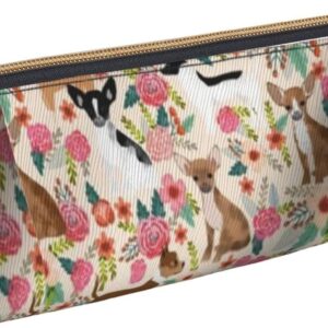 Federmäppchen mit Chihuahua-Hunden- und Blumenmuster, dreieckiges Stiftetui, tragbares Federmäppchen, Leder-Organizer mit Reißverschluss, Kosmetiktasche