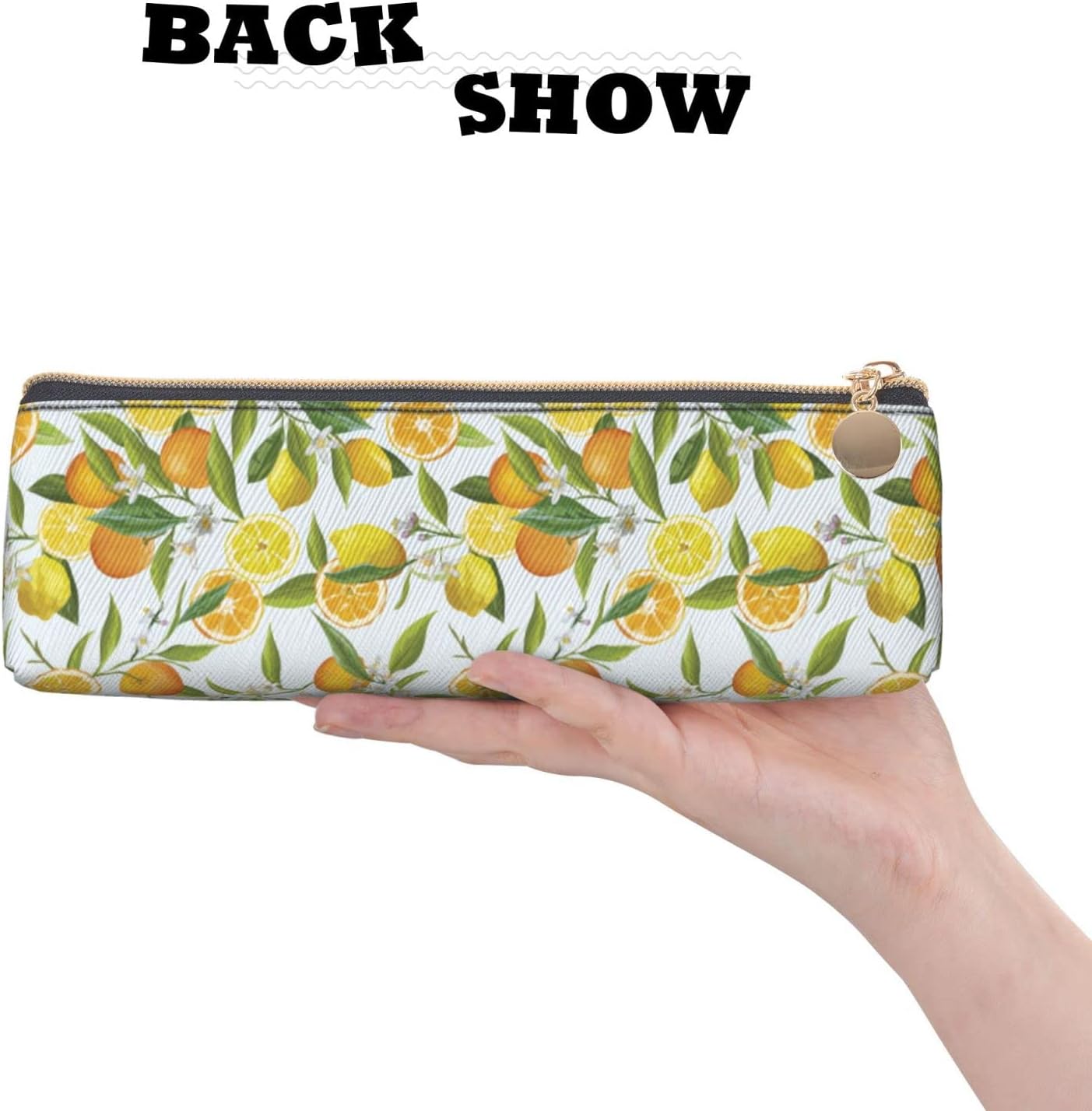Federmäppchen mit Zitronen- und Orangenblüten-Motiv, Kosmetiktasche, Stiftetui, dreieckiges Leder, Aufbewahrungstasche, Schreibwaren-Organizer mit Reißverschluss, für das Büro von Erwachsenen – Bild 5