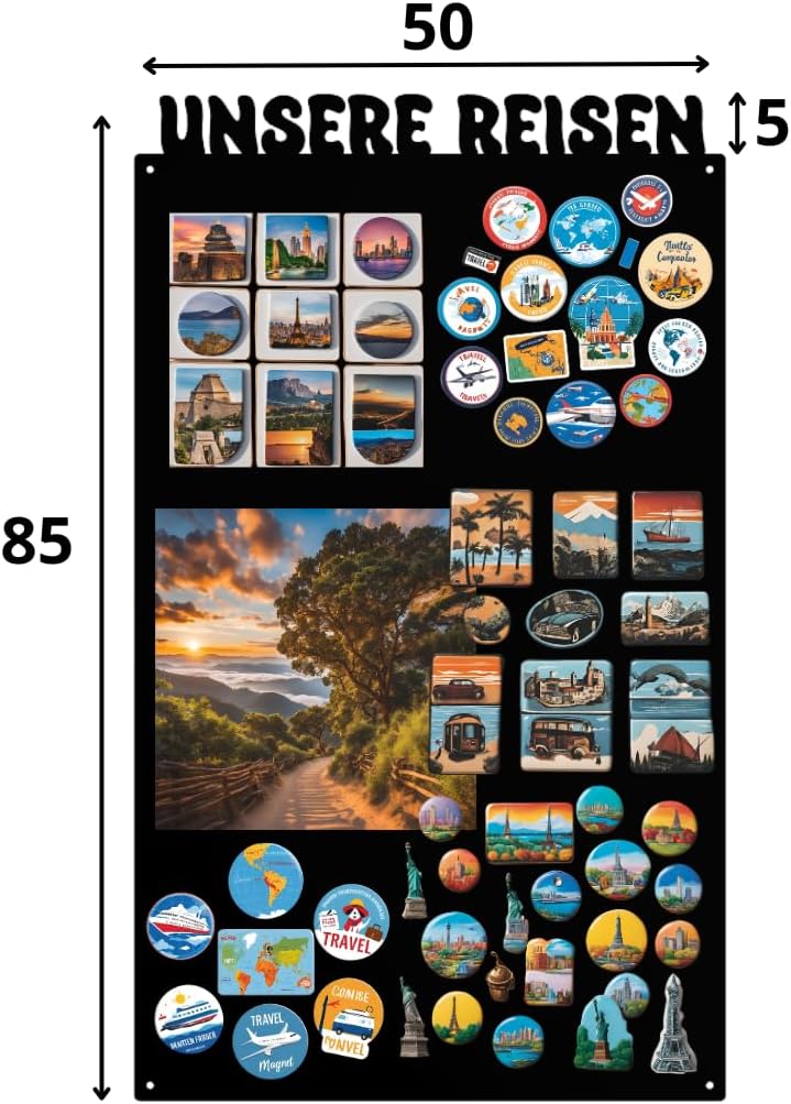 Our Rich Magnetic Board, Black, 80 x 50 cm, Metal Magnetic Board, Magnetic Board, Wall Mounting, for Living Room, Kitchen, Hallway, Children's Room, Office, Board for Tourist Magnets, Notes and Photos