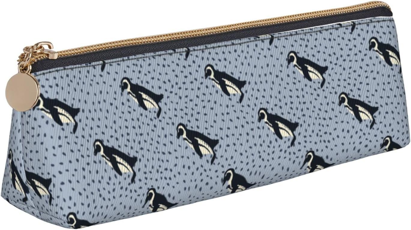 Federmäppchen mit niedlichem Pinguin-Tiermuster, dreieckig, tragbares Federmäppchen, Leder-Organizer mit Reißverschluss, Kosmetiktasche