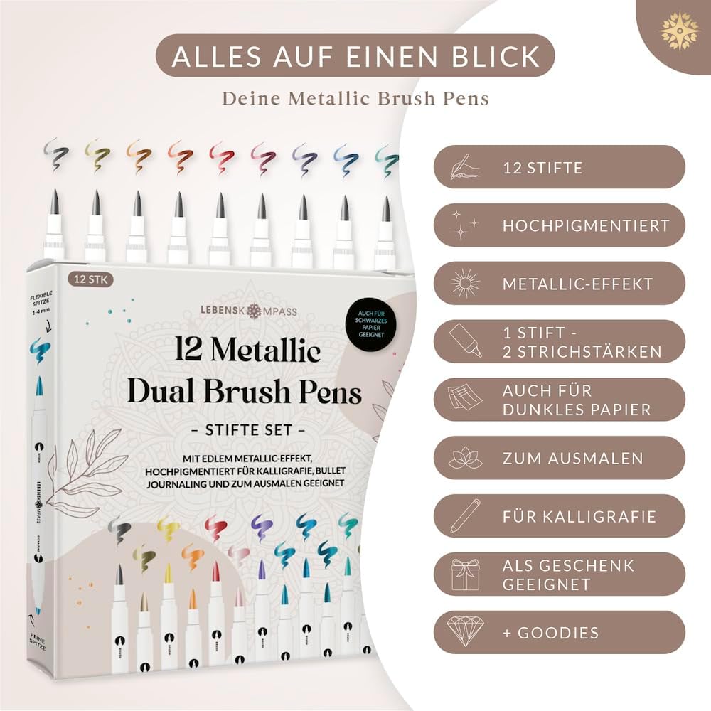 LEBENSKOMPASS® Metallic Dual Brush Pen Set with 12 Water-Based Colourful Colours for Shimmering Metallic Effects Brush Pens for Colouring Books, Hand Lettering, Calligraphy & Bullet Journal – Bild 6