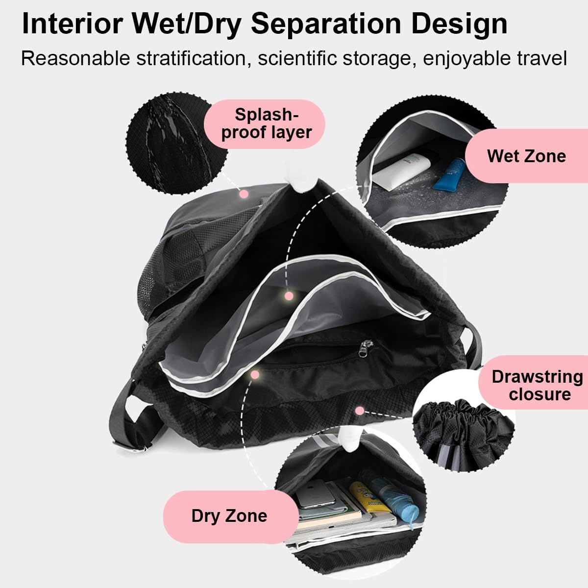 Gym Bag, Sports Bag, Football Bag, Sports Backpack with Wide Drawstring, Mesh Bag, Ball Compartment, Outer Pocket, Adjustable Drawstring Gym Bag for Men and Women – Bild 4