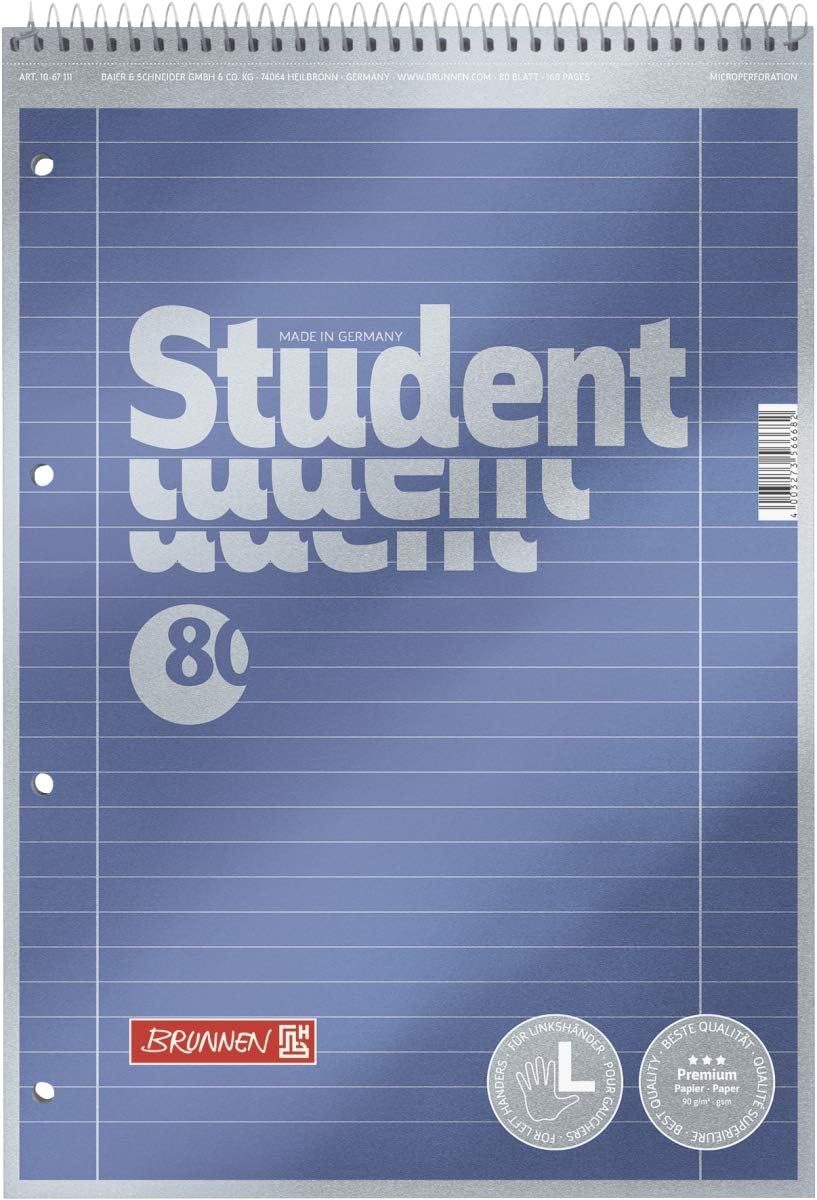 Brunnen 1067111 Student Premium Left-Handed Notepad/Notepad (refined cover sheet with metallic effect, A4, lined style 27, 90 g/m², 80 sheets with spiral head (Pack of 2)