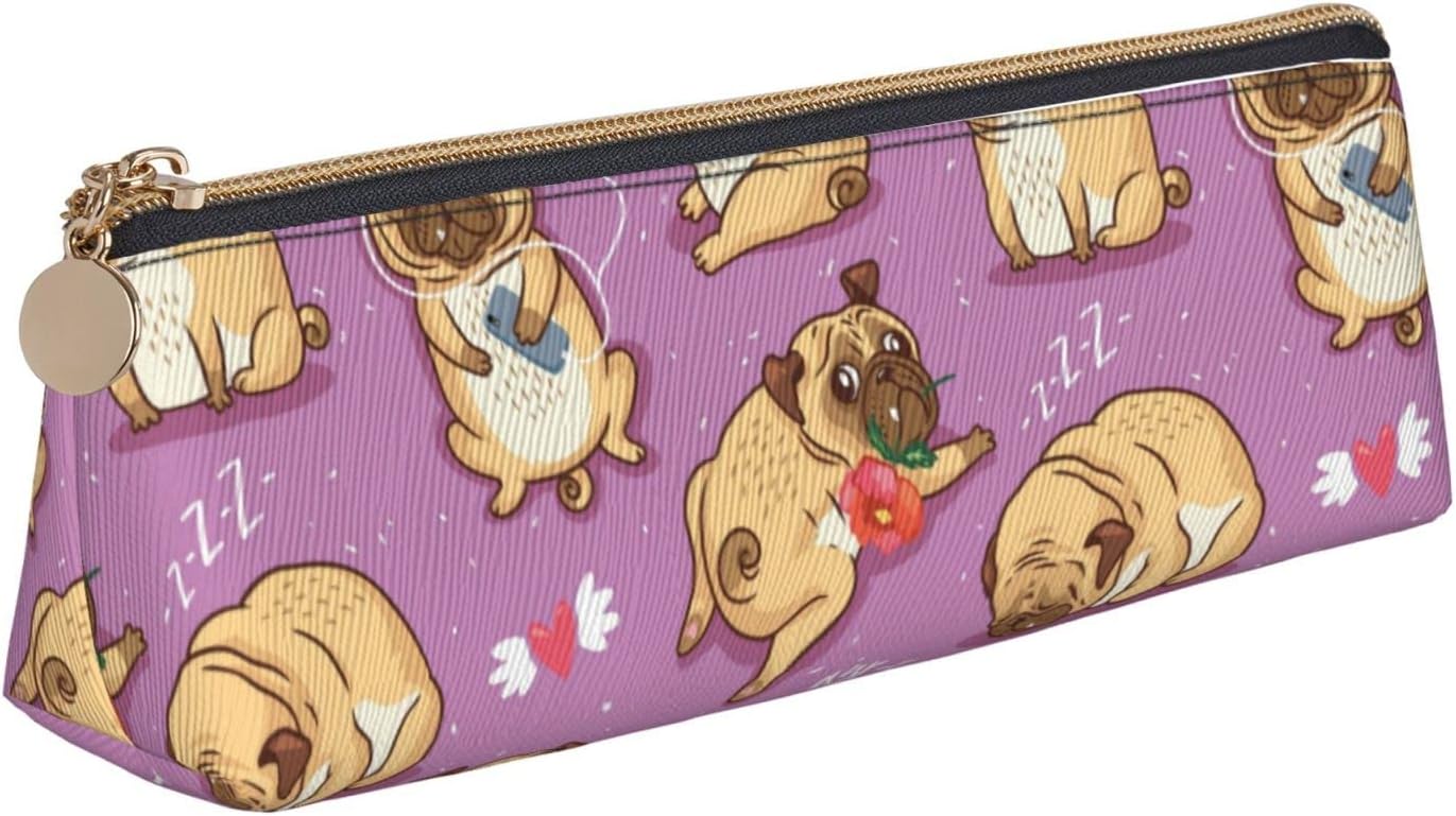 Federmäppchen mit niedlichem Tierhund-Motiv, dreieckiges Stiftetui, tragbares Federmäppchen, Leder-Organizer mit Reißverschluss, Kosmetiktasche