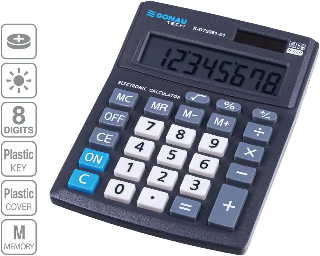 DONAU Tech Desktop Calculator / 8-Digit Display / 13.7 x 10.1 x 3 cm / Black Calculator Dual-Power Solar - Battery Operated / Compact Design – Bild 2