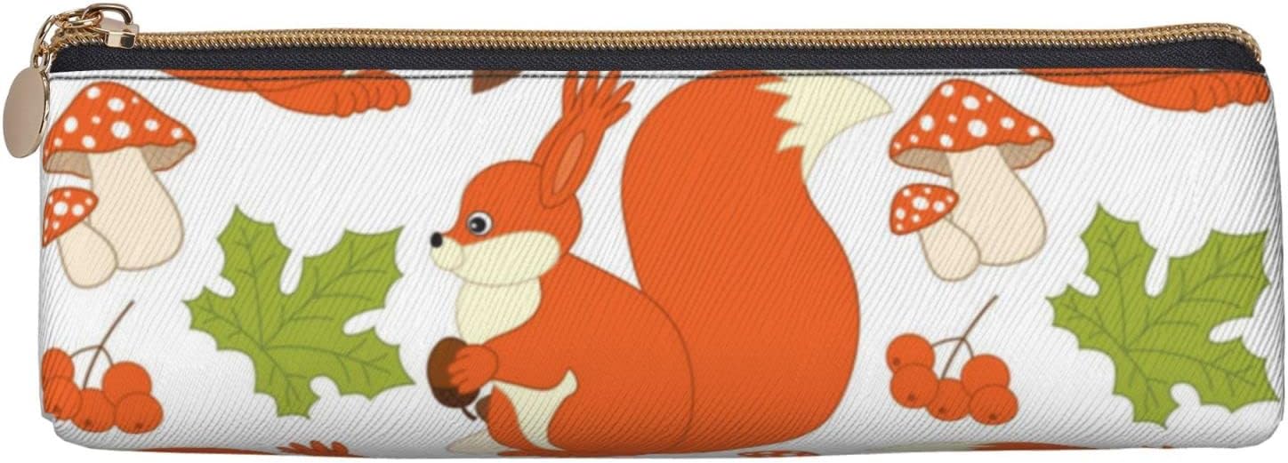 Federmäppchen mit Eichhörnchen- und Pilzmotiv, dreieckiges Stiftetui, tragbares Federmäppchen, Leder-Organizer mit Reißverschluss, Kosmetiktasche – Bild 2