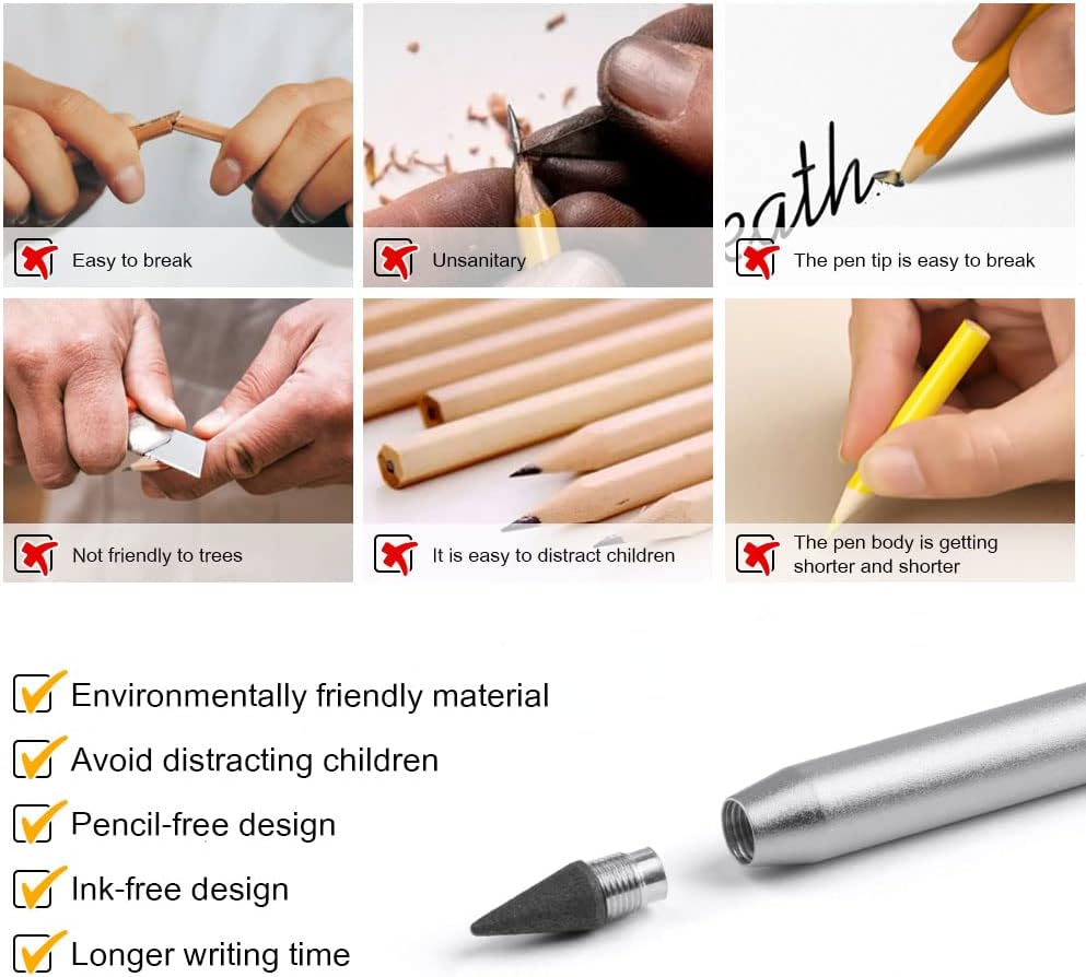 AUAUY Pack of 2 Metal Inkless Pencils, Pencil Without Sharpener with 2 Interchangeable Perpetual Pencil Replacement Heads for Children and Adults Pencils (Black, Silver), From 3 Years – Bild 4