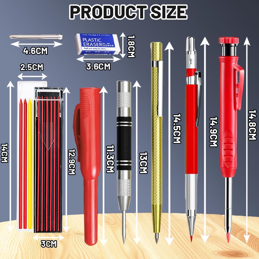 flintronic Deep Hole Marker Pencil Set, Set of 14 Carpenter's Pencils with 40 Leads, Construction Site Pencil, Carpenter's Pencil with Case, Robust Construction Pencil for Architects – Bild 2