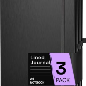 A4 Lined Notebook, Notebook Hardcover, 80 Sheets (160 Pages) 80 g/m², 7 mm Line Spacing for Home, School and Work, Black (3 Pieces)