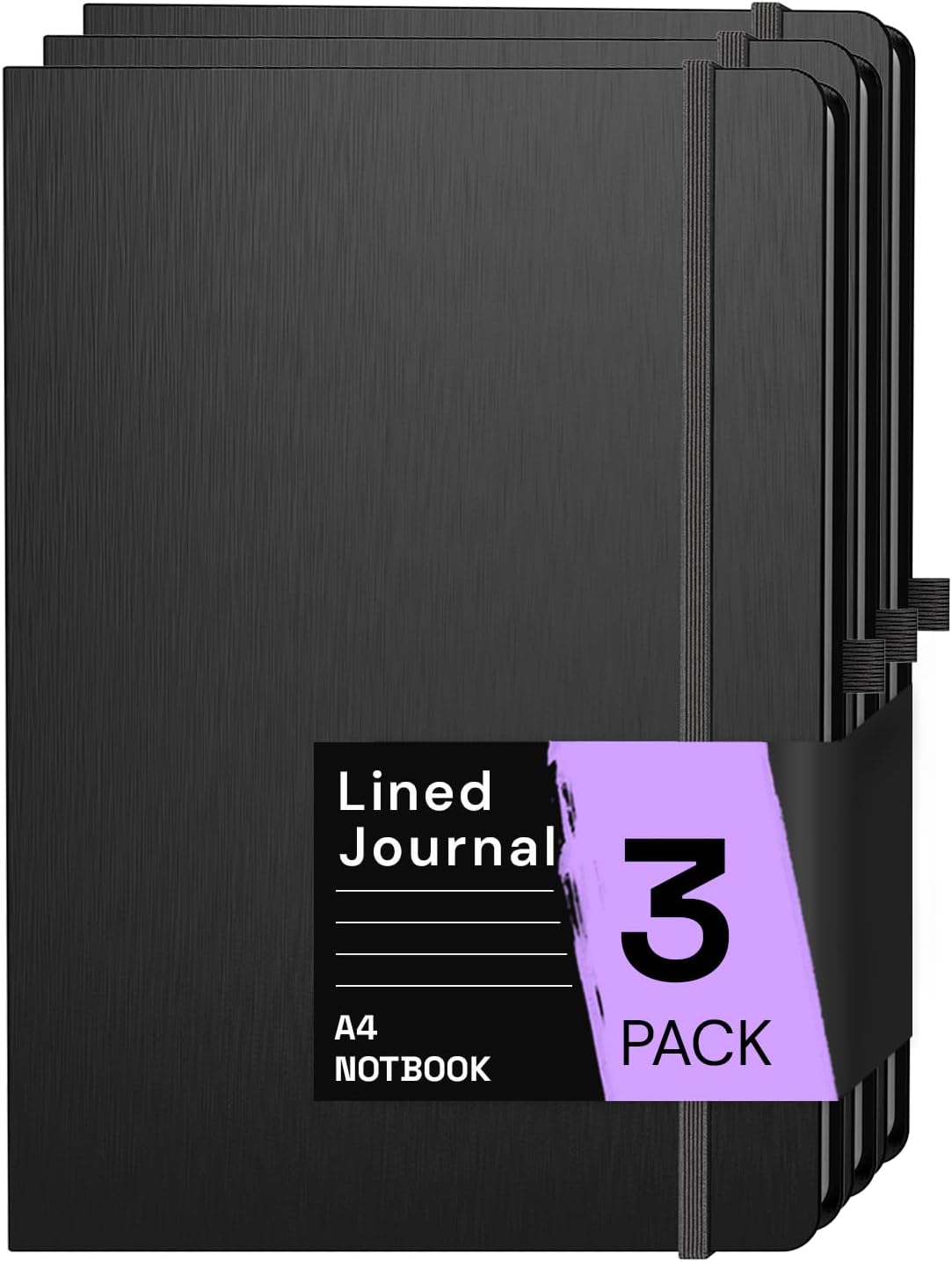 A4 Lined Notebook, Notebook Hardcover, 80 Sheets (160 Pages) 80 g/m², 7 mm Line Spacing for Home, School and Work, Black (3 Pieces)