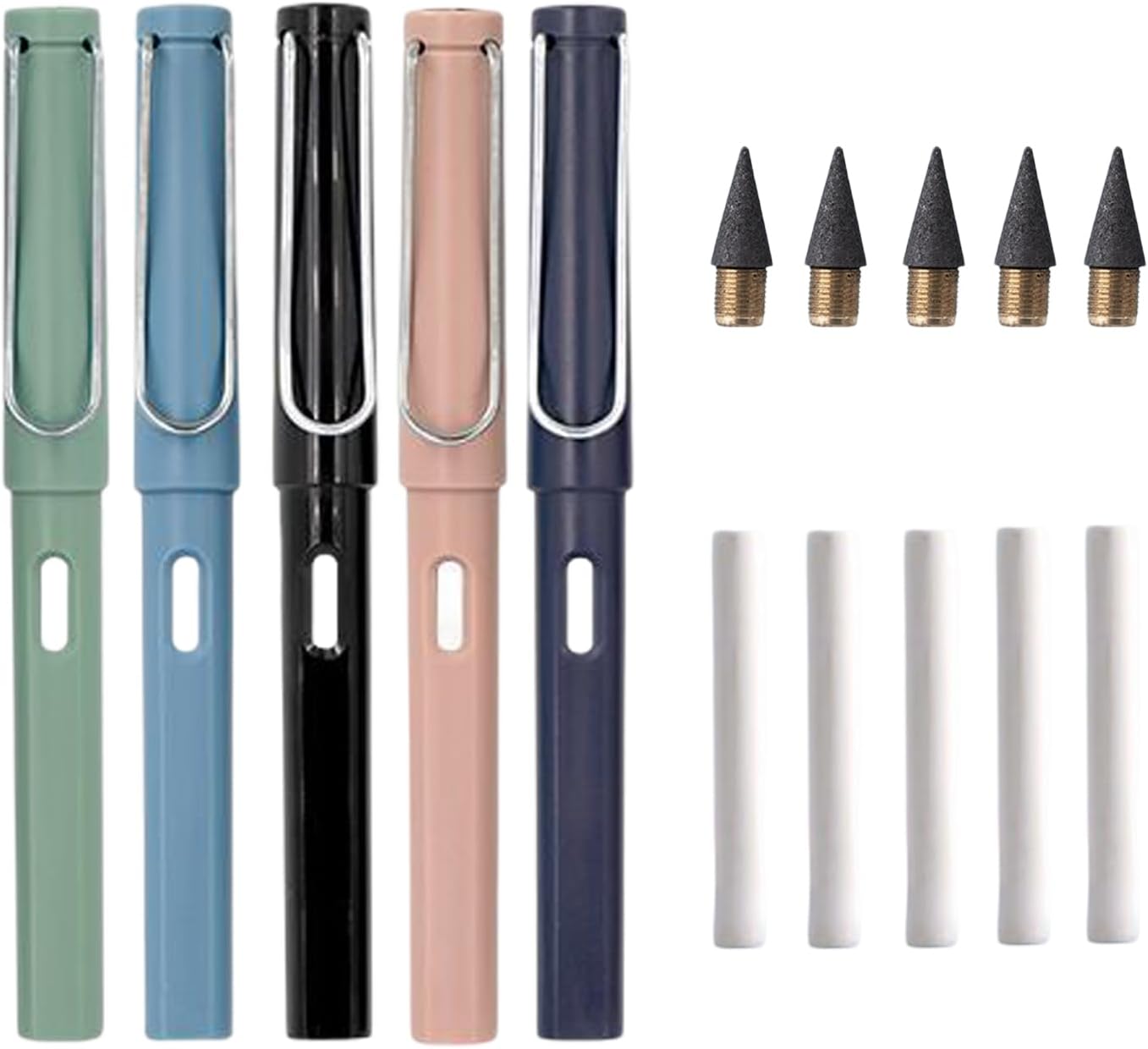 Pack of 5 Metal Inkless Pencils, Magic Pencil with 5 Interchangeable Head and 5 Erasers, Inkless Pencils for Children and Adults from 3 Years (Multi-Colour)