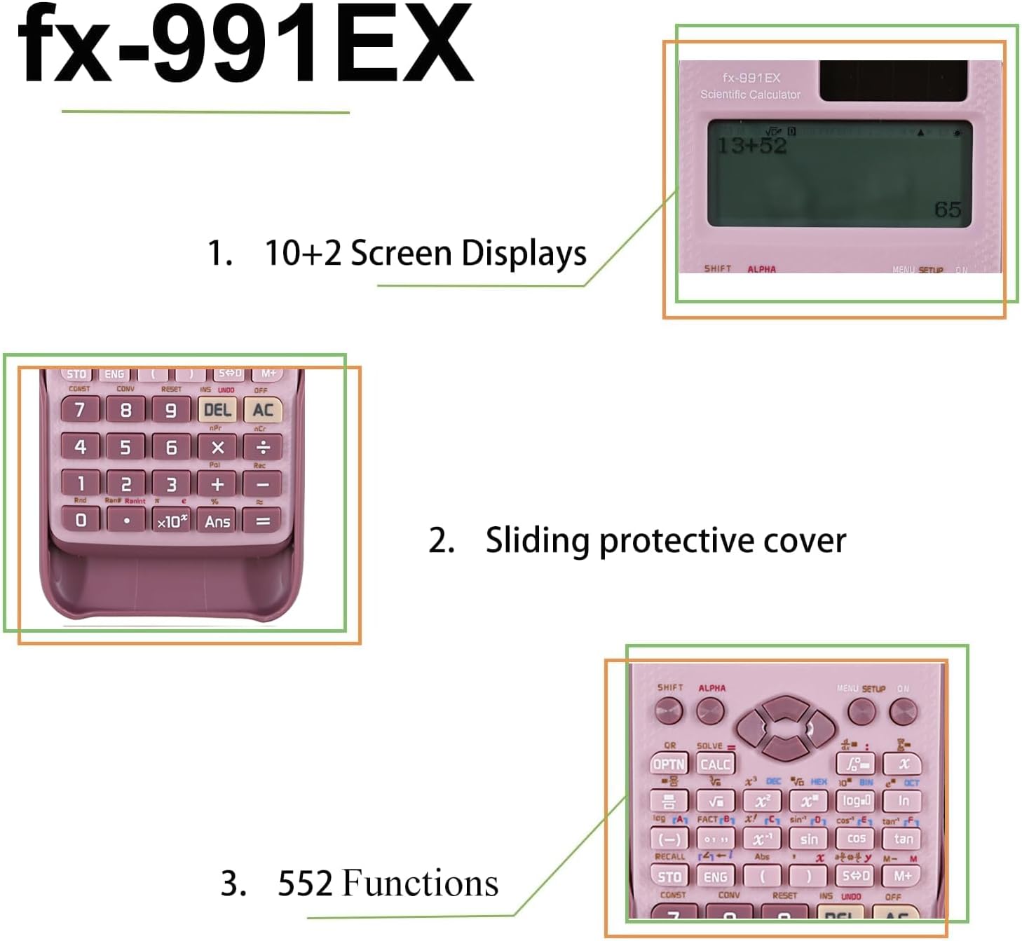 FX-991EX 522 Functions 10+2 Screen Displays Scientific Calculator Ideal for Students and Teachers Office (Pink) – Bild 3
