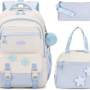 School Bag Girls Set, 3-Piece Casual Backpack for Girls 2nd to 5th Class with Lunch Bag Pencil Case, Multiple Compartments School Backpack Teenager, Children's School Bag, blue, Rucksack