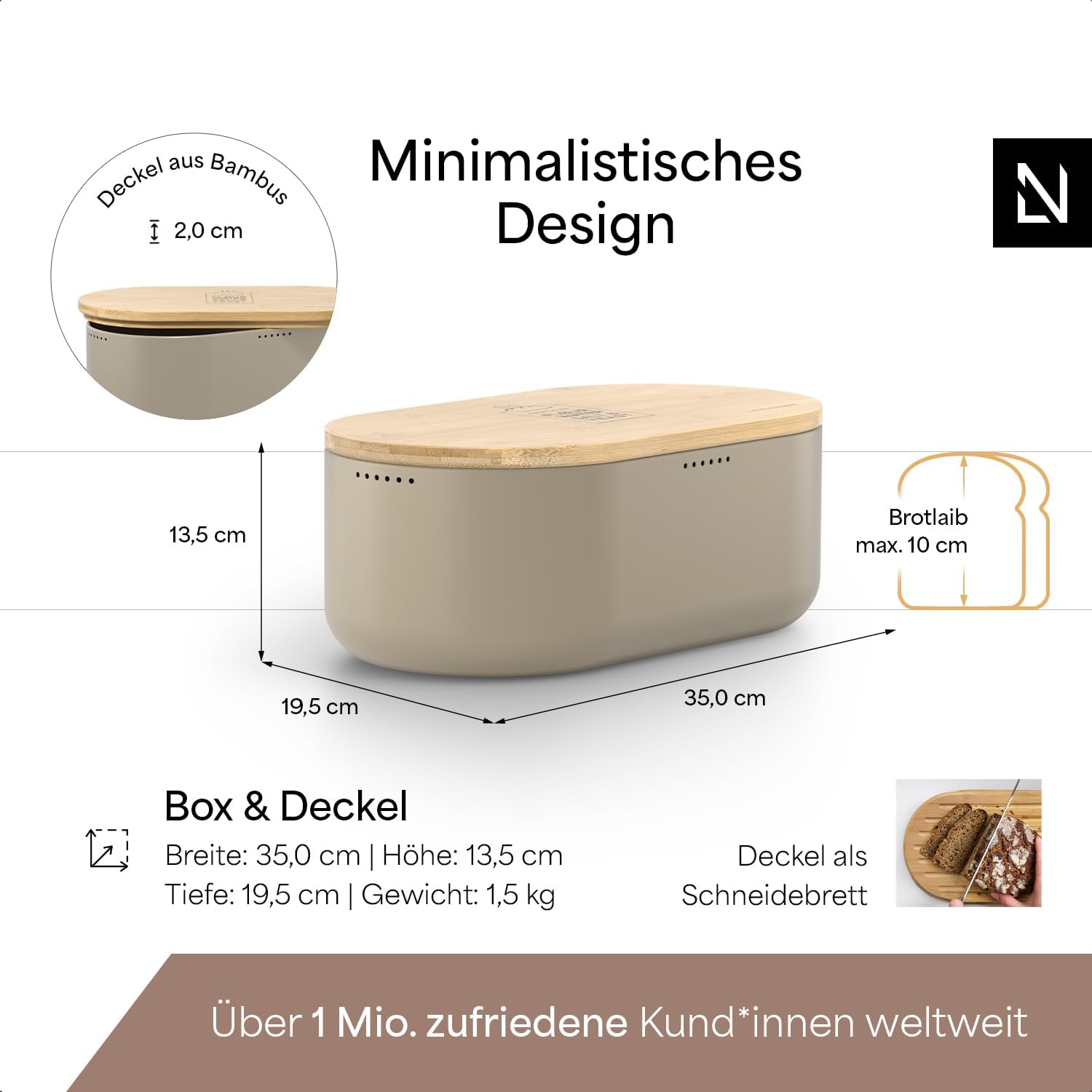 Lars Nysøm Bread Bin, Metal Bread Box with Linen Bread Bag for Long-lasting Freshness, Lunch Box with High-Quality Bamboo Lid, Can be Used as a Chopping Board, 36 x 19 x 13cm – Bild 4