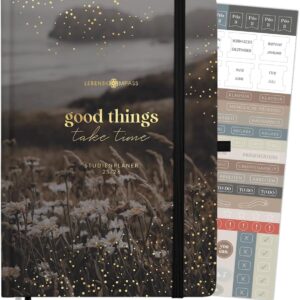 Lebenskompass Study Planner 2025 2026 A5 „Daisy“ – Semester Planner for University & Study | Diary with Timetable, Note Lists, Reflection | Hardcover with Gold Embossing