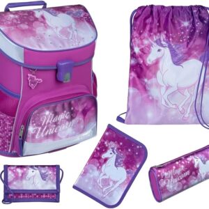 Familando Girls School Bag 1st Class · Scooli Campus Fit School Bag · Ergonomic & Lightweight · Kids School Bag Set for Girls, Magic Unicorn Purple, 5-piece set with pencil case