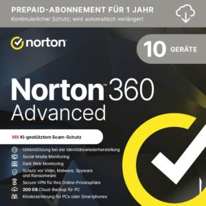 Norton 360 Advanced | 10 Devices | Subscription for 1 Year | Identity Protection Functions and Support | PC/Mac/Android/iOS | Activation Code via Email
