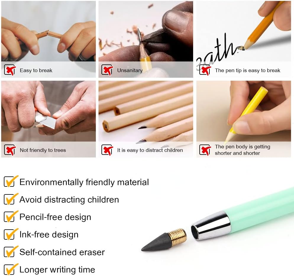 Vicloon Inkless Pencils Eternal, Pack of 7 with Eraser and Replacement Tips, Infinite Pencil without Sharpening for Writing, Drawing, Reusable (A) – Bild 3