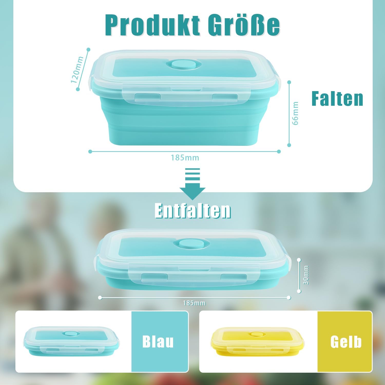 Foldable Lunch Box, Set of 2, 800 ml, Foldable Tupperware Set, Silicone Food Storage Containers with Lid for Food Storage, Meal Prep Boxes – Bild 2