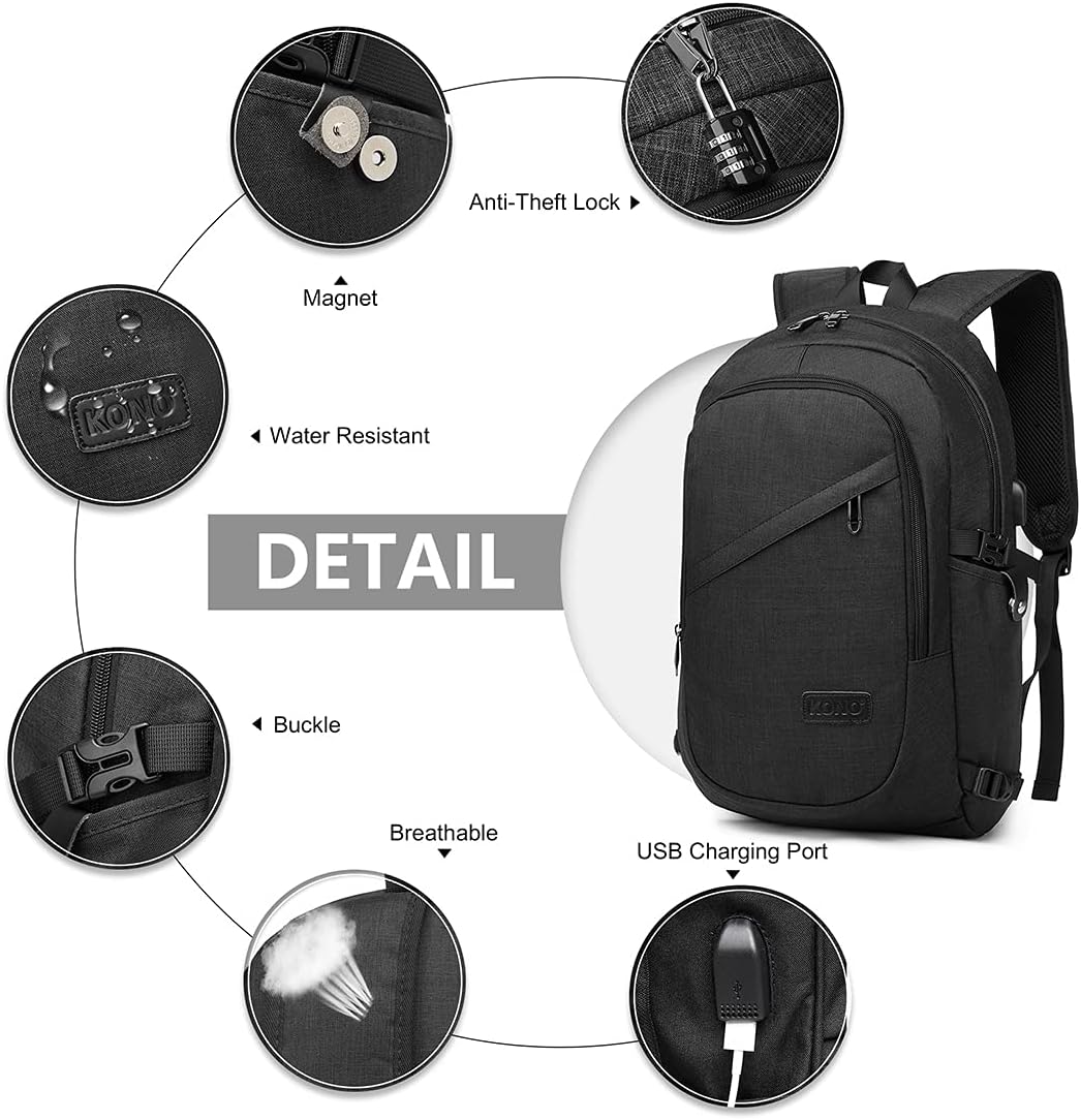 KONO Travel Laptop Backpacks College Backpack for School Anti-Theft 15.6 Inch Laptop Backpack with USB Charging Port Lightweight Laptop Computer Business Work Bag – Bild 6