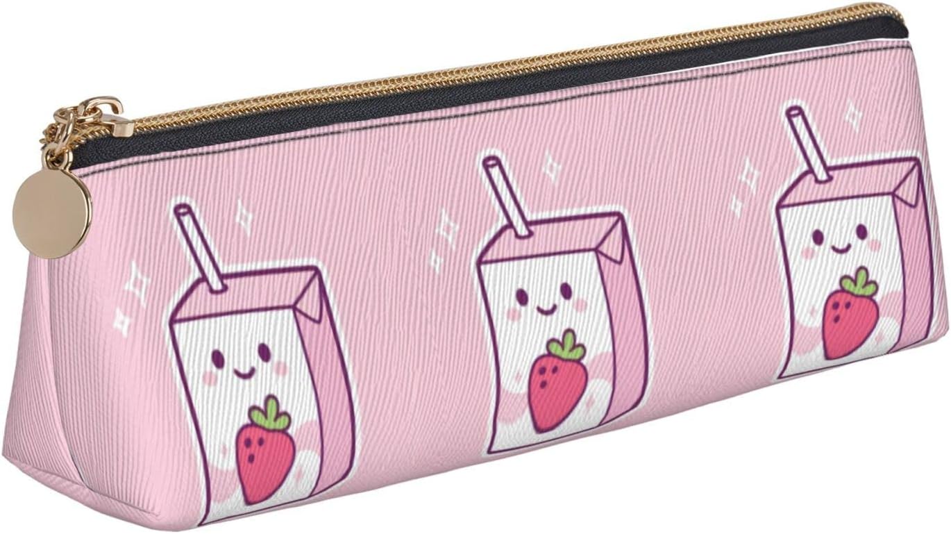 Strawberries Cows Drinking Pencil Case Triangle Portable Pencil Case Leather Organizer with Zipper Cosmetic Bag, White, Bag organiser