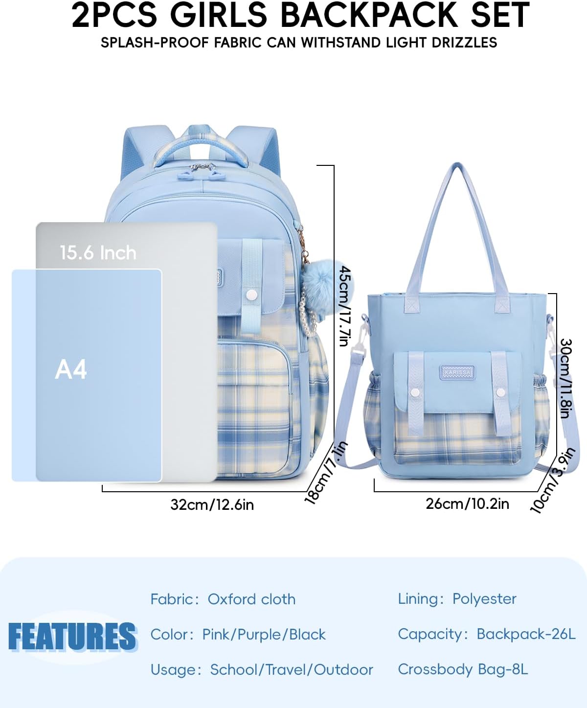 Tanou Backpack School Girls Teenagers Large School Backpack Set with Student Shoulder Bag, Checked Pattern Casual Daypack Kids School Bag for Girls, 26 L, Blue – Bild 5
