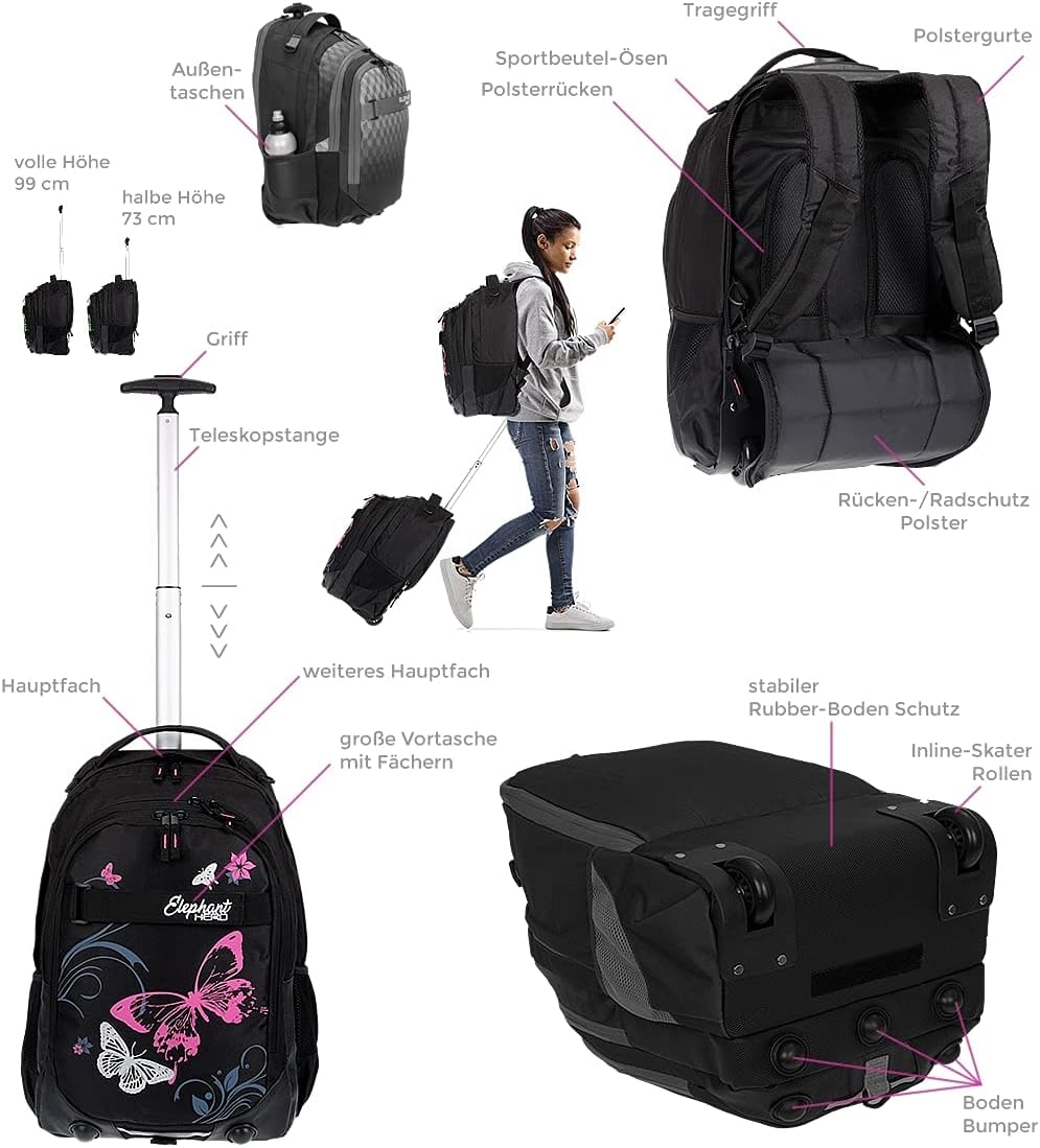 ELEPHANT Trolley Hero Signature Trolley Backpack School Trolley Design 12646, Butterfly Black Pink, School trolley – Bild 7