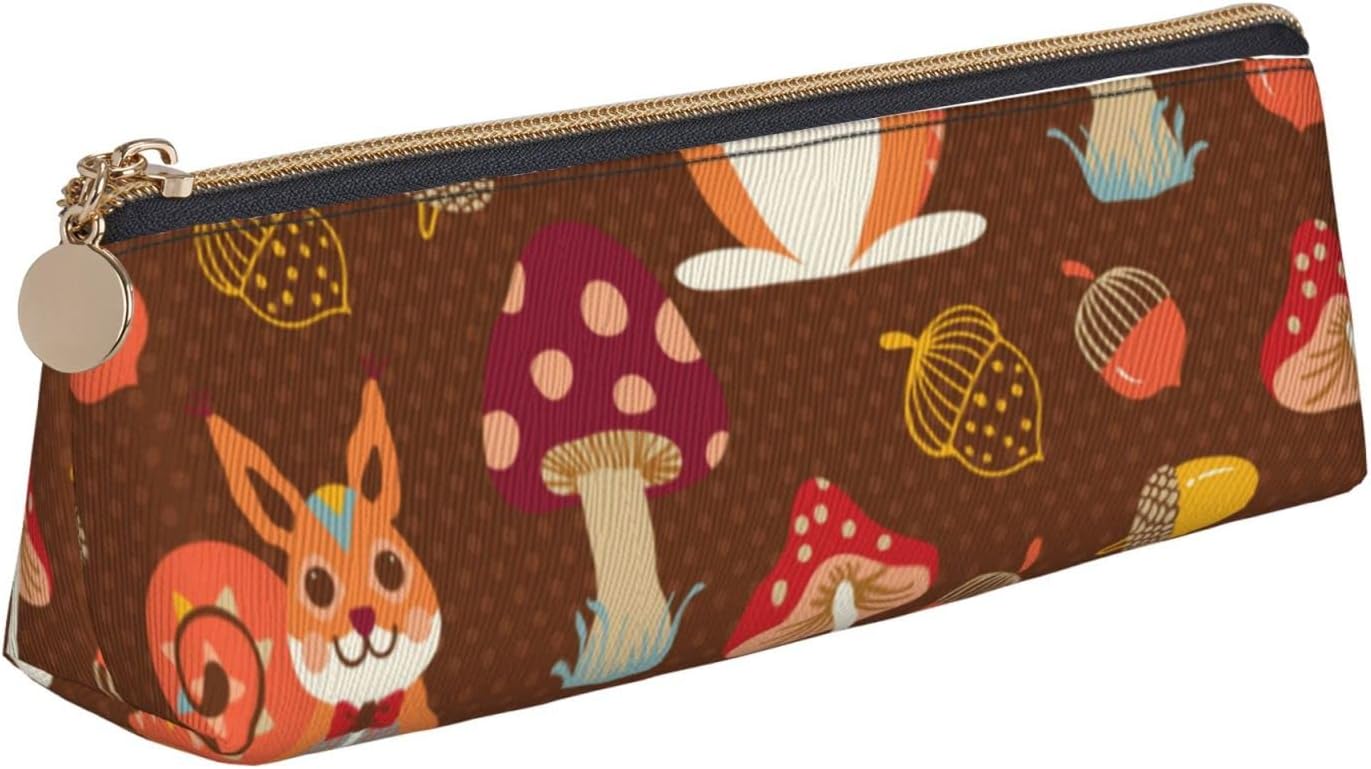 Cute Squirrel Mushroom Pencil Case Triangle Pencil Case Portable Pencil Case Leather Organizer Zipper Cosmetic Bag, White, Bag organiser
