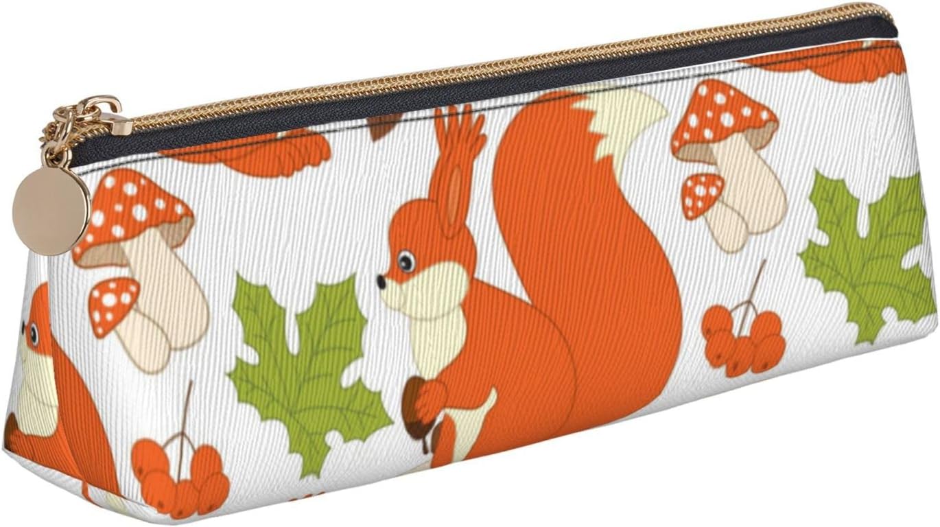 Federmäppchen mit Eichhörnchen- und Pilzmotiv, dreieckiges Stiftetui, tragbares Federmäppchen, Leder-Organizer mit Reißverschluss, Kosmetiktasche