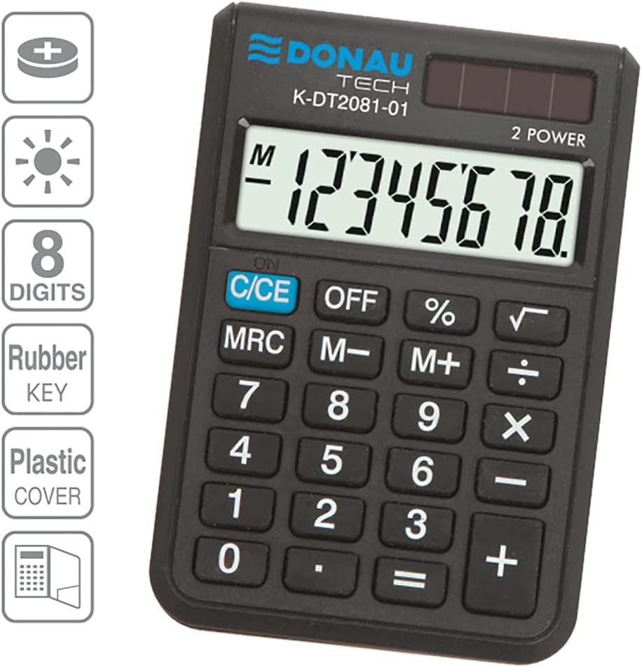 DONAU TECH/K-DT2081-01 Calculator 8-Digit Root Function 90 x 60 x 11 mm Black with 8-Digit Display Dual Power Solar Battery Operated Compact Design – Bild 3