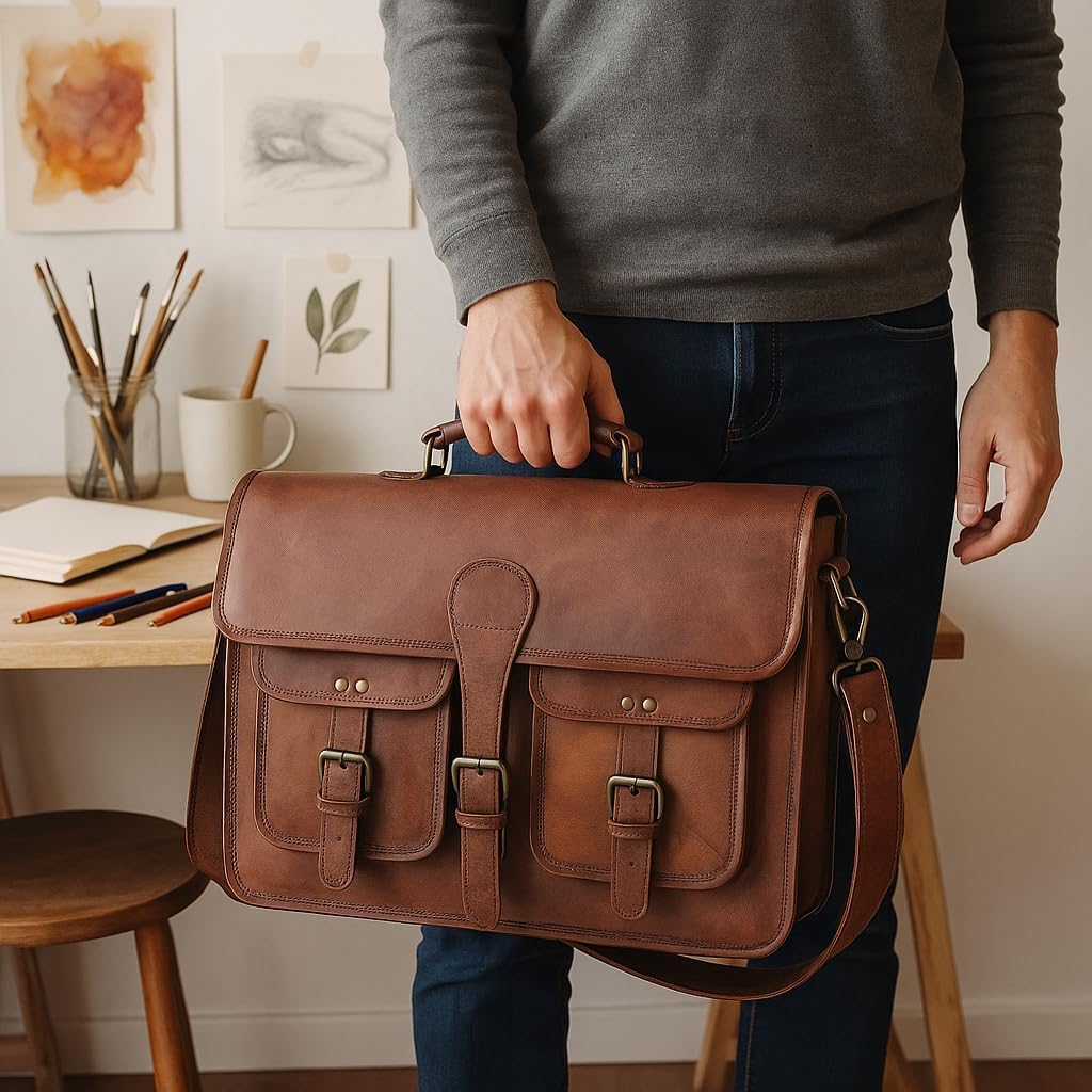 KPL 18 Inch Leather Briefcase Laptop Messenger Bag Best Computer Shoulder Bag Handmade Bag for Women Men Brown L School Bag – Bild 7