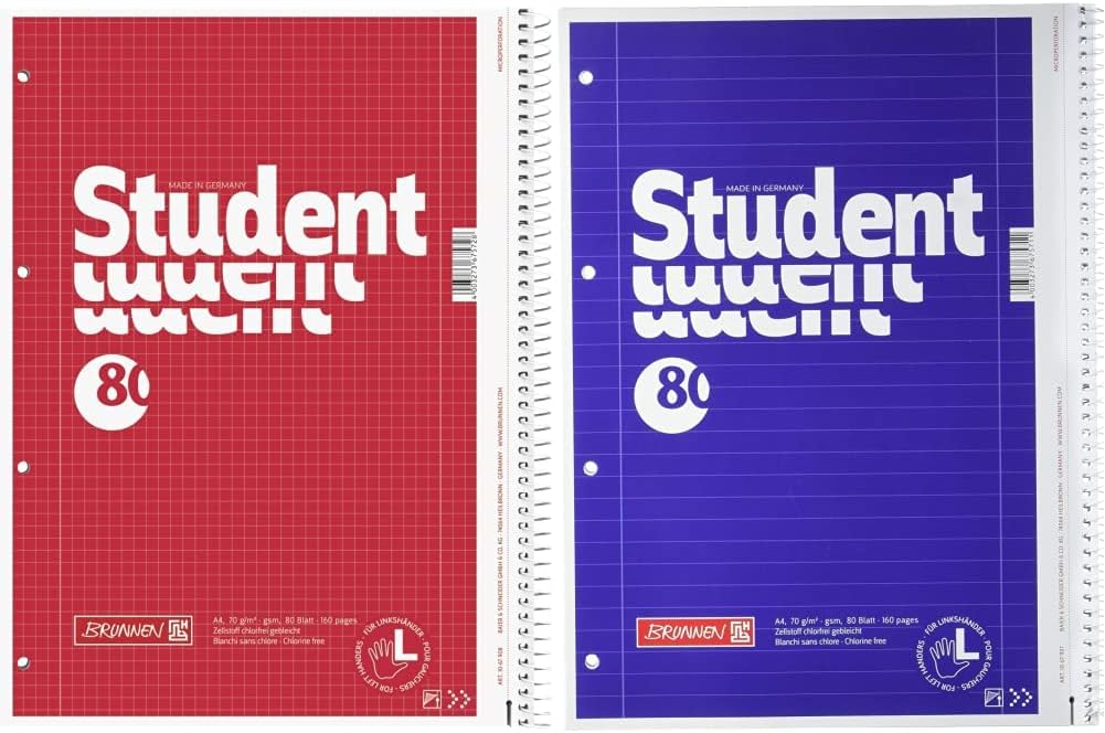 Brunnen 1067908 Student Notepad/College Pad (A4, 70 g/m², 80 Sheets) & 1067907 Notepad/College Pad Student (for Left-Handed Users, A4, Lined, Line Style 27, 70 g/m², 80 Sheets with Spiral Right)