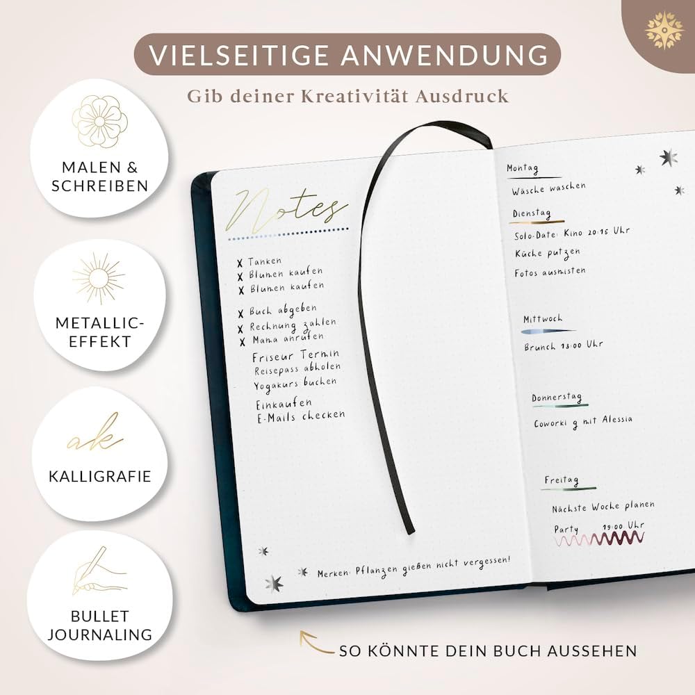 LEBENSKOMPASS® Metallic Dual Brush Pen Set with 12 Water-Based Colourful Colours for Shimmering Metallic Effects Brush Pens for Colouring Books, Hand Lettering, Calligraphy & Bullet Journal – Bild 3