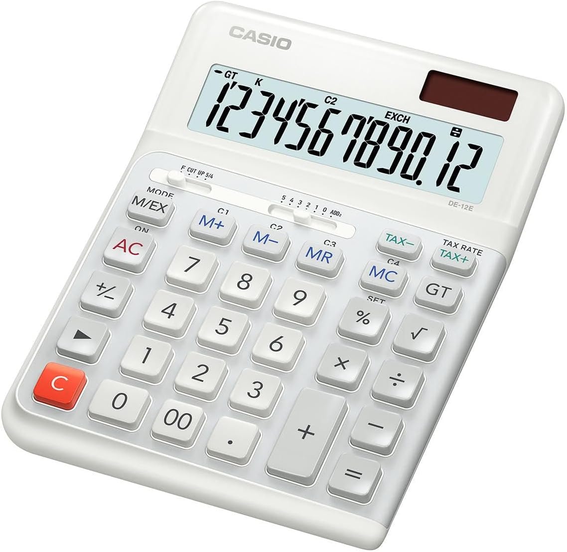 Casio DE-12E-WE Ergonomic Desktop Calculator, 12 Digits, Keyboard in Stair Design, Vertical Keystrokes, Tax Calculation, Currency Conversion, Sign Change, Solar/Battery Operated