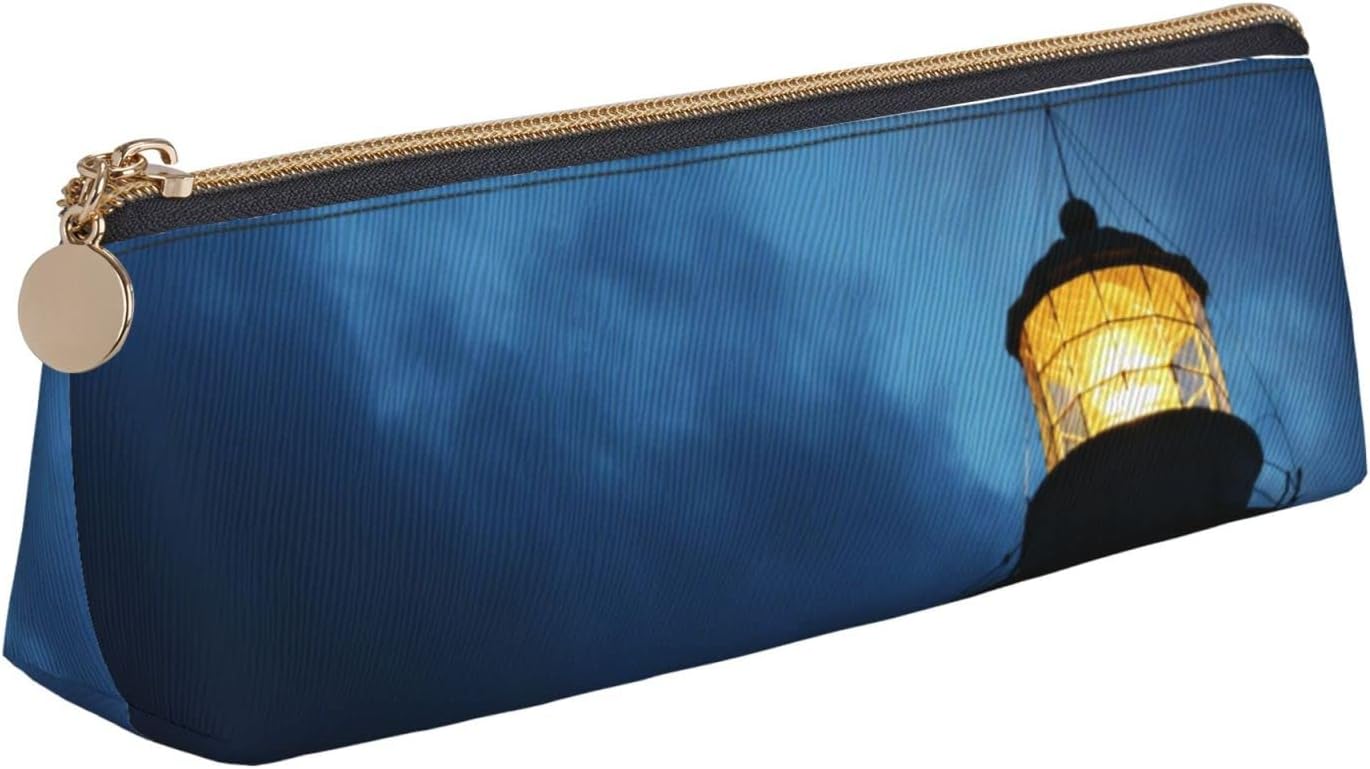 Federmäppchen mit Leuchtturm-Muster, dreieckig, tragbares Federmäppchen, Leder-Organizer mit Reißverschluss, Kosmetiktasche