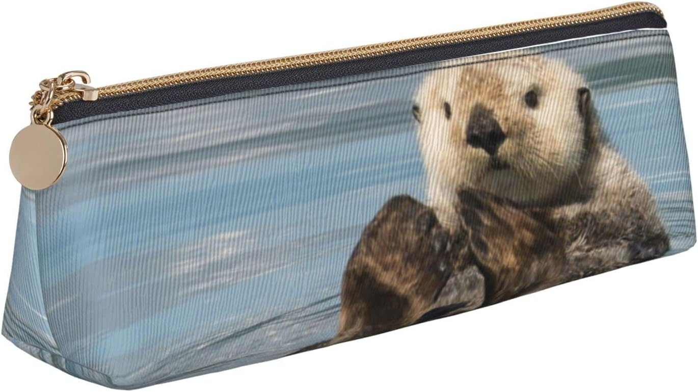 Federmäppchen mit niedlichen Ottern im Meer, dreieckiges Stiftetui, tragbares Federmäppchen, Leder-Organizer mit Reißverschluss, Kosmetiktasche