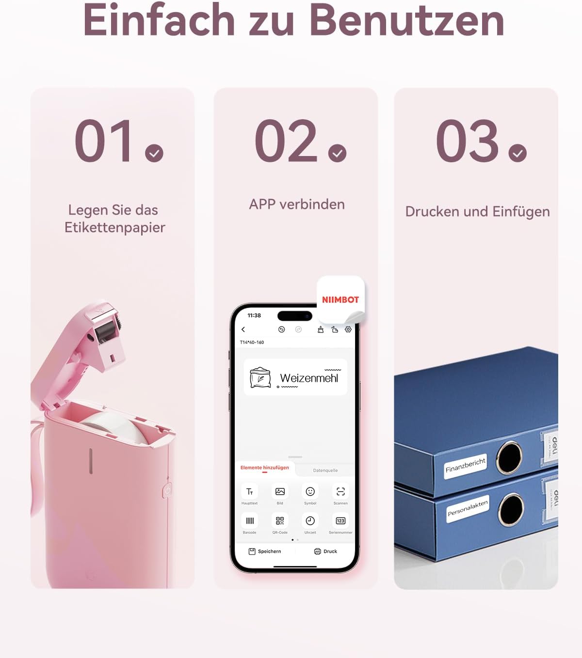 NIIMBOT Mini D11 Label Printer, Portable Bluetooth Labelling Device, Self-Adhesive, Sticker Printer Label Printer with iOS Android, Suitable for Home, School, Office, Pink – Bild 3