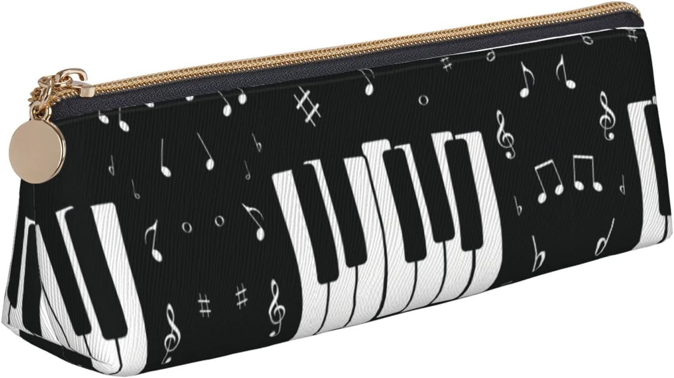 Federmäppchen mit Musiknoten-Klaviermuster, dreieckiges Stiftetui, tragbares Federmäppchen, Leder-Organizer mit Reißverschluss, Kosmetiktasche