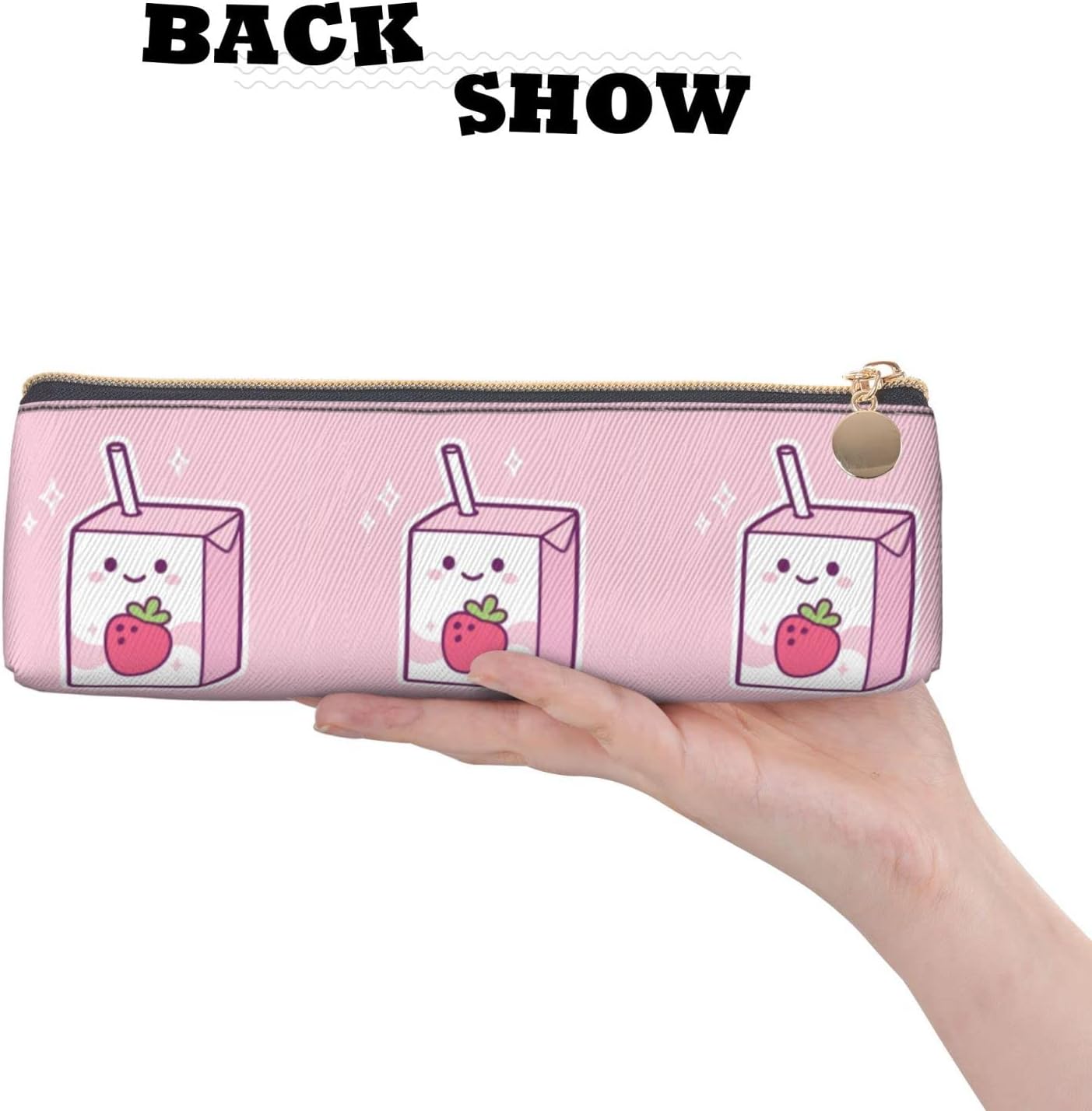 Strawberries Cows Drinking Pencil Case Triangle Portable Pencil Case Leather Organizer with Zipper Cosmetic Bag, White, Bag organiser – Bild 4