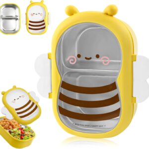 Stainless Steel Lunch Box with 2 Compartments, Cartoon Bee Lunch Box, Breakfast Box, Leak Box, Dishwasher Safe Bento Box, for School, Picnic, Work, Travel