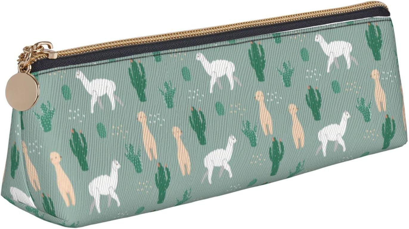Cute Alpaca and Cactus Pattern Pencil Case Cosmetic Bag Pen Pouch Triangle Leather Storage Bag Zipper Stationery Organizer for Adults Office, Cute Alpaca And Cactus Pattern, Bag organiser