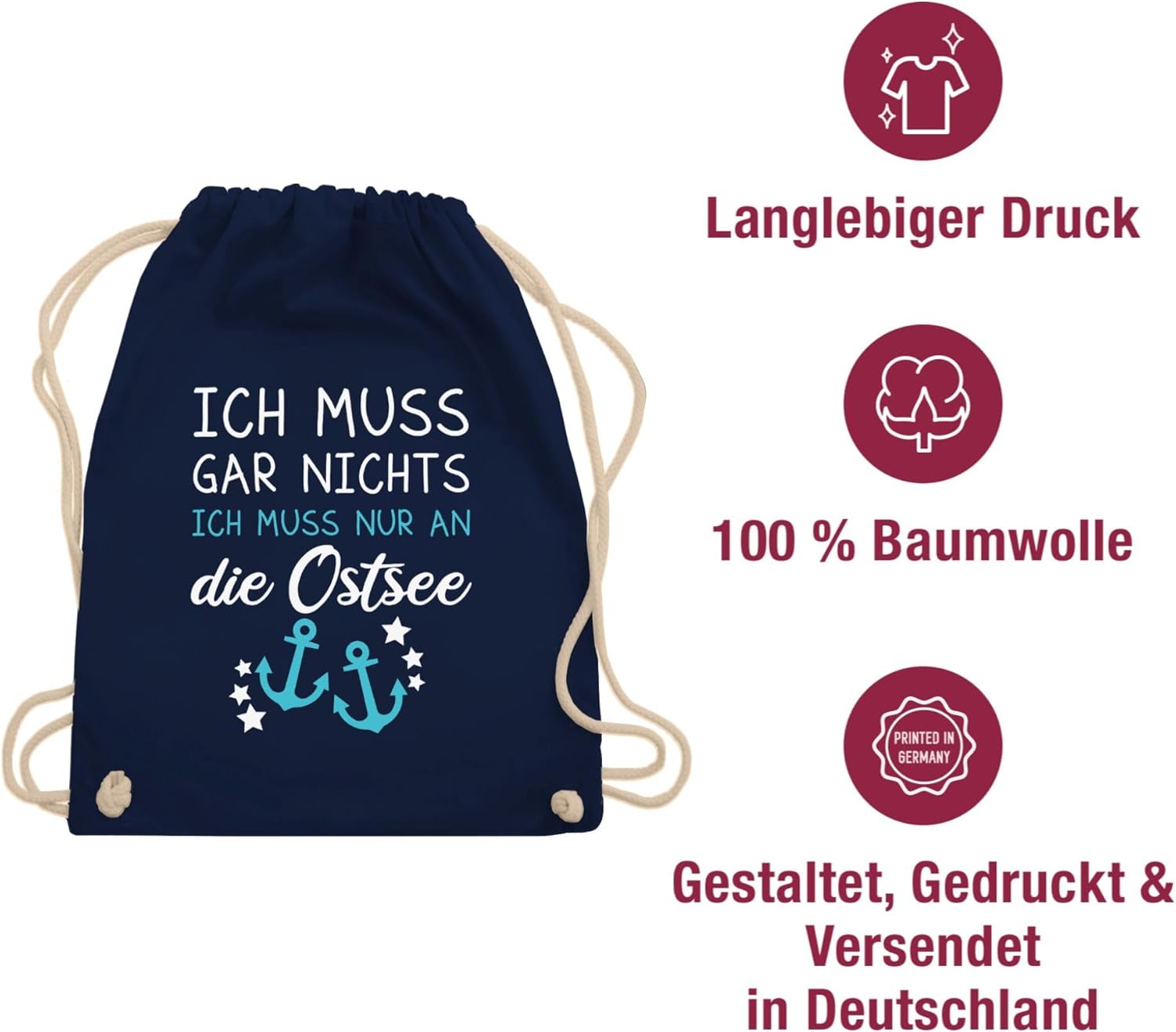 Shirtracer - Statement with saying - Ich muss gar nichts ich muss nur an die Ostsee - gym bag and fabric bag made of cotton – Bild 5