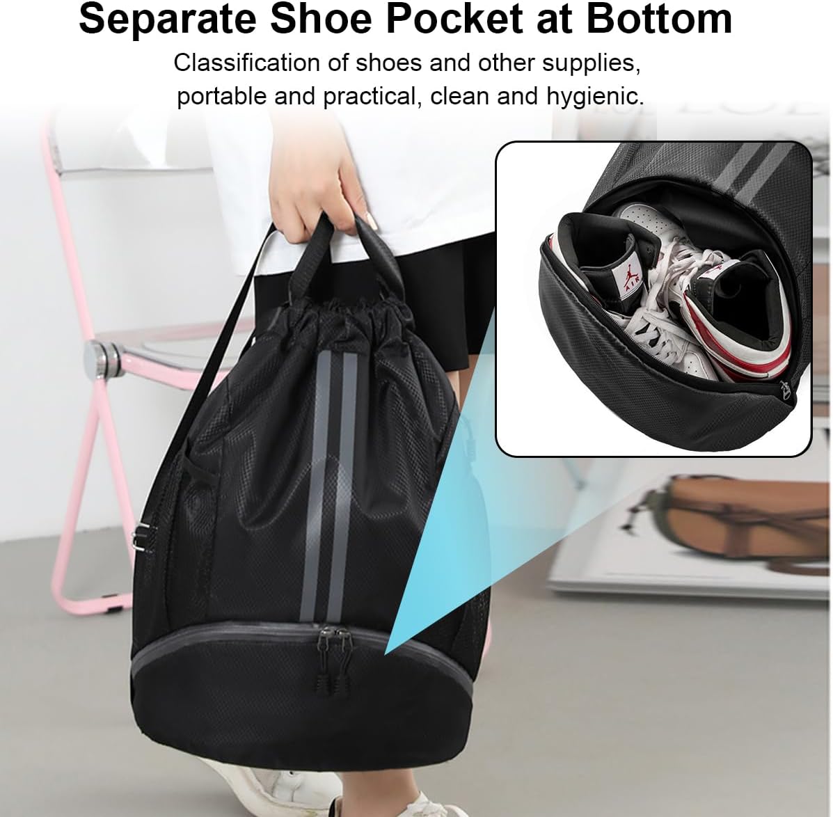 Gym Bag, Sports Bag, Football Bag, Sports Backpack with Wide Drawstring, Mesh Bag, Ball Compartment, Outer Pocket, Adjustable Drawstring Gym Bag for Men and Women – Bild 5
